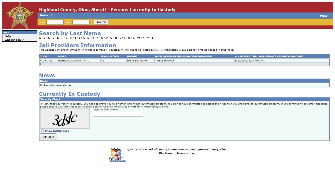 Highland County, Ohio, Sheriff - Persons Currently In Custody